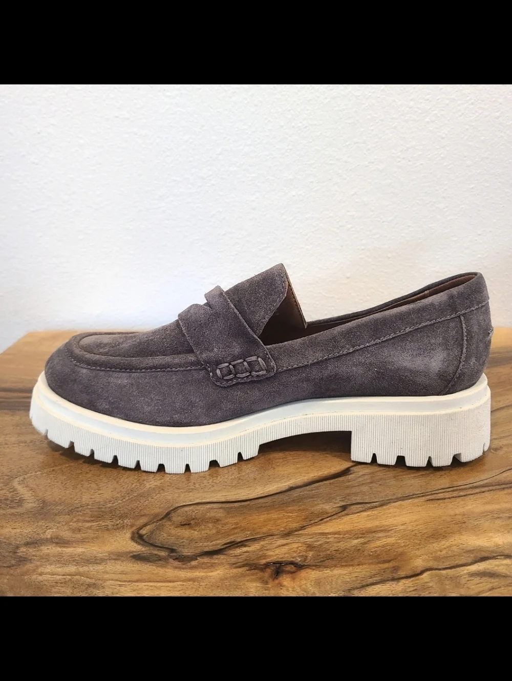 Aquatalia Orina Gray Suede Lug Sole Loafers